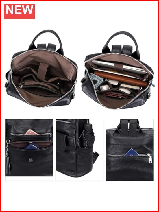 Genuine Leather Backpack Purse Convertible Shoulder Bag Multi-pockets Front